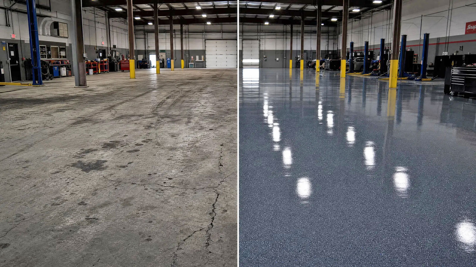 Commercial floor coating before and after — Northeast Indiana auto shop