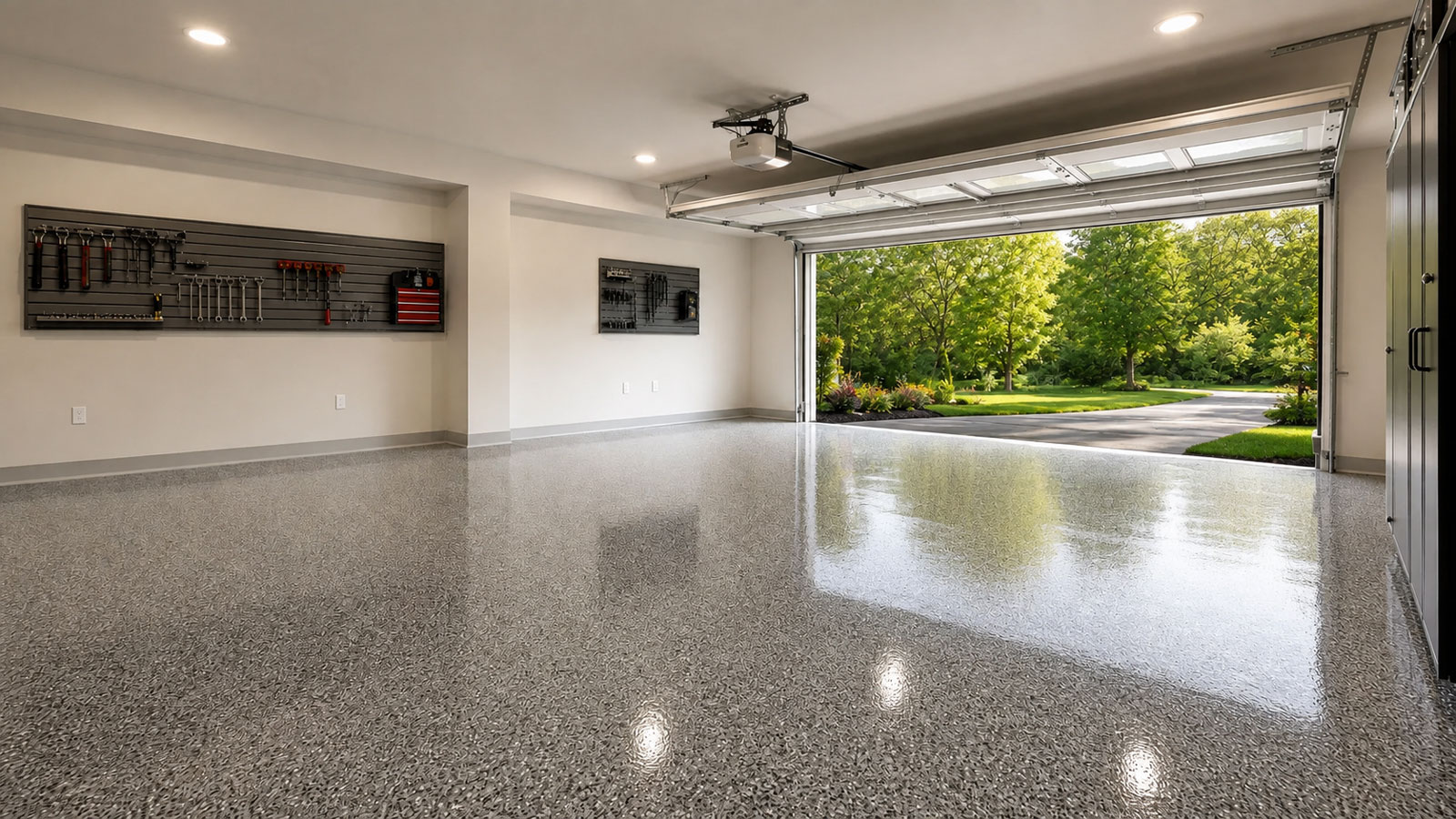 Residential garage with a decorative floor coating
