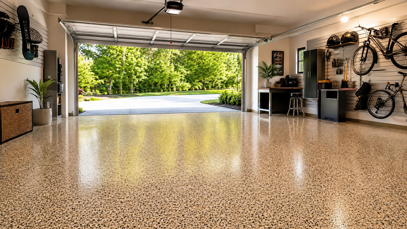 Residential garage with a decorative floor coating